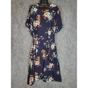 Emery Rose Navy Blue Floral Maxi Dress Womens 5XL Short Sleeve Tie Waist Casual